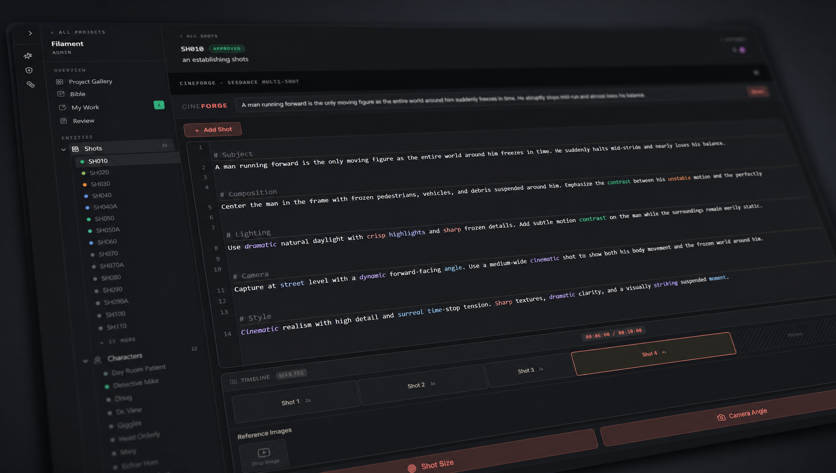 CineForge multi-shot timeline — a 4-shot sequence with subject, composition, lighting, camera, and style markup