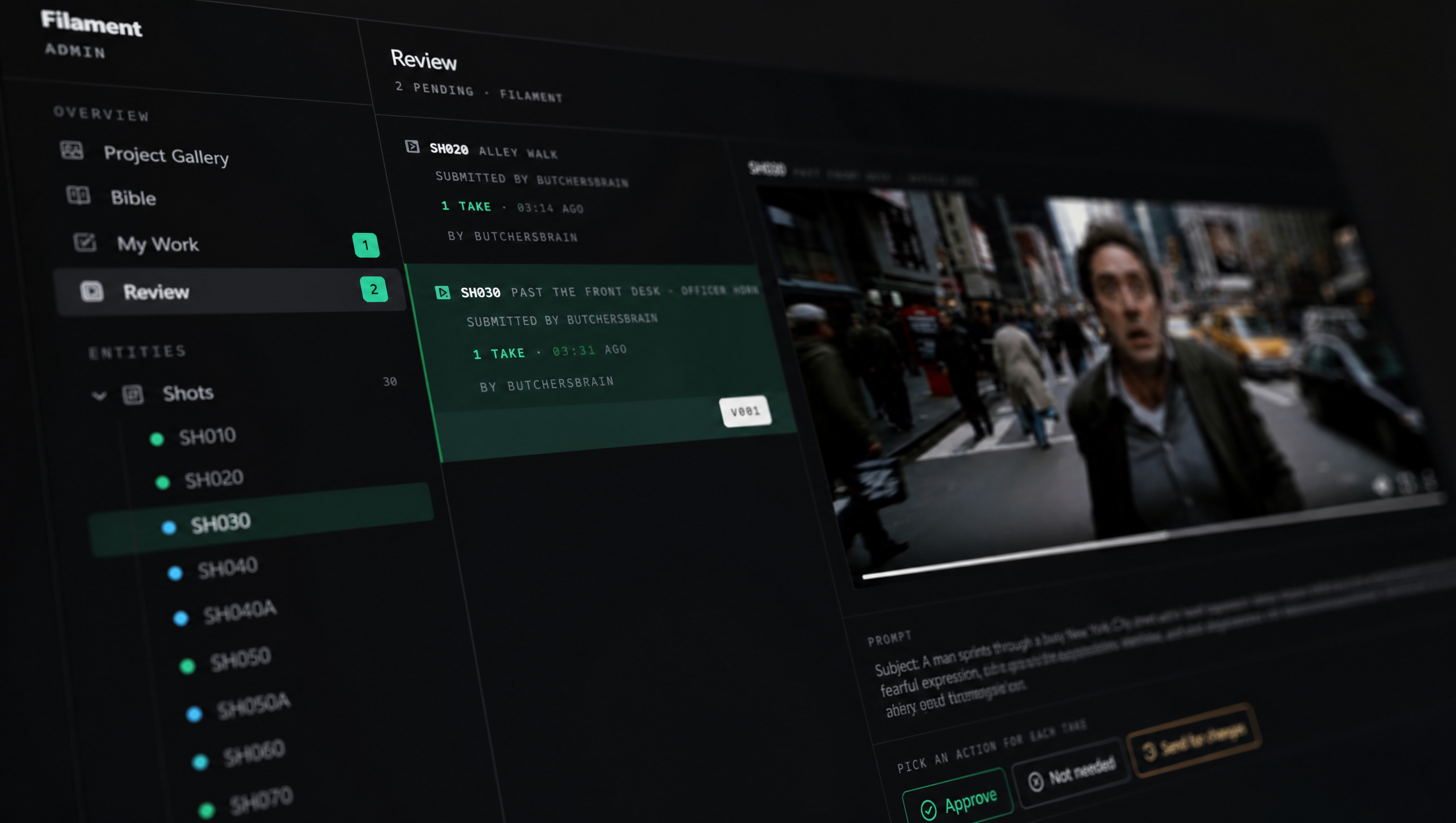 The Cuelist Review page mid-decision — a video take with Approve, Not needed, and Send to changes actions